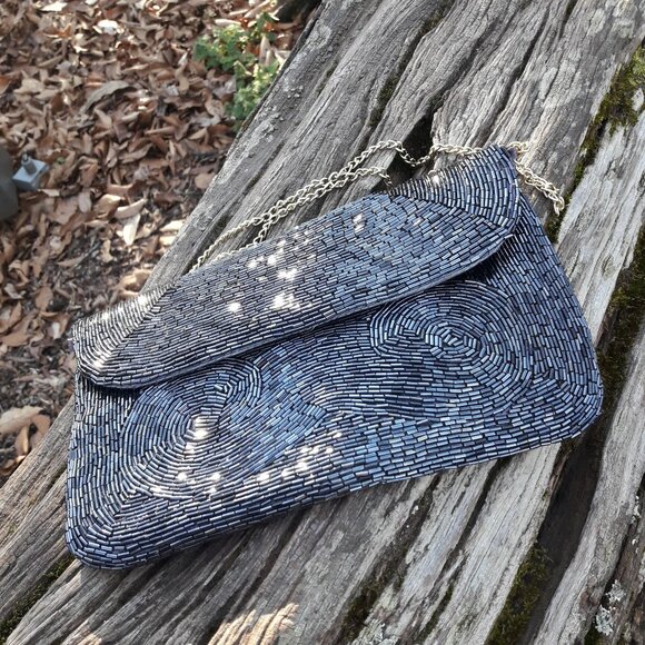 Sequin Purse Gunmetal Silver Micro Metallic Beads Softback Clutch Vintage Mini - Picture 11 of 16